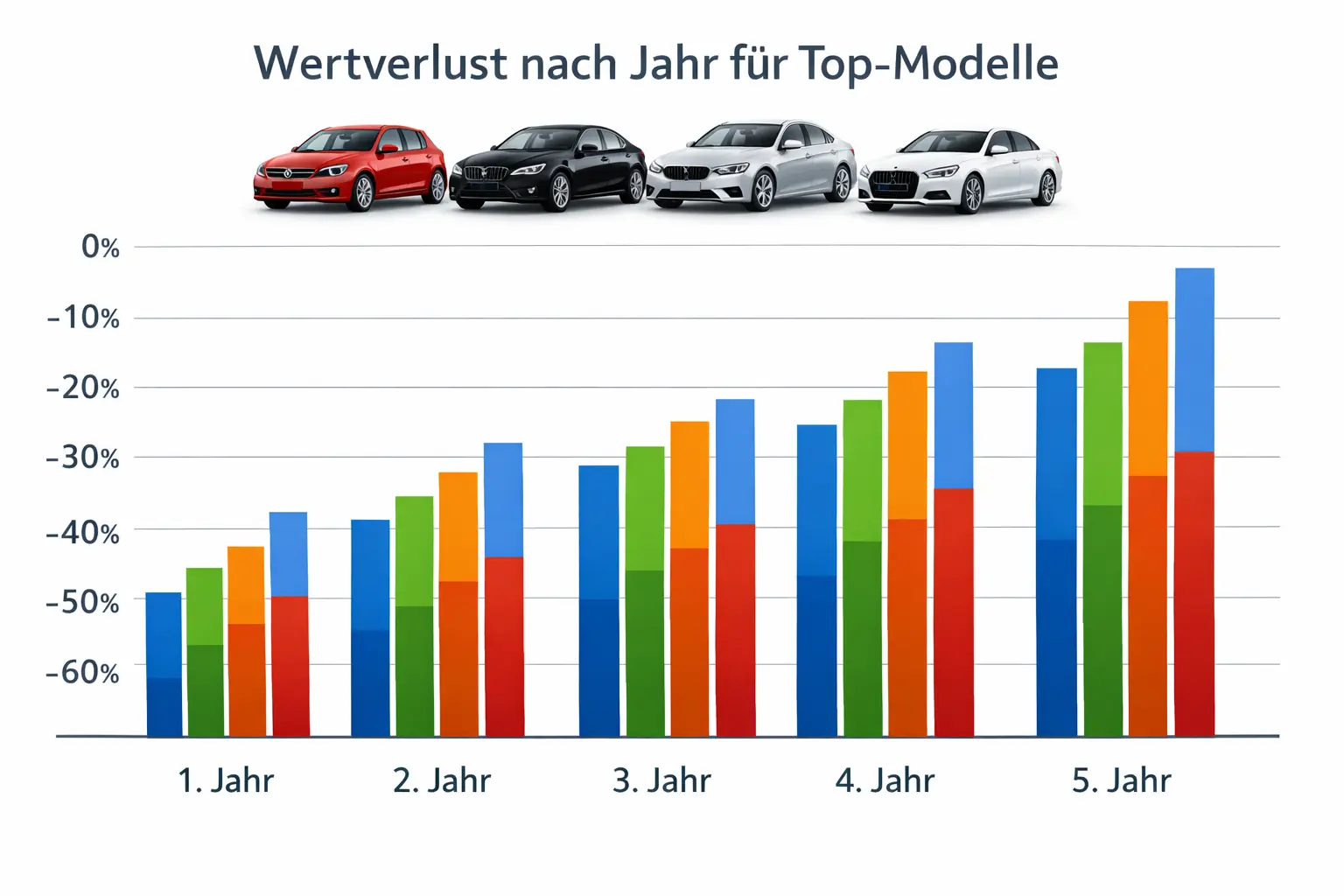 Balkendiagramm zum Wertverlust von VW Golf, BMW 3er, Mercedes C-Klasse und Audi A4 über fünf Jahre mit prozentualer Abschreibung pro Jahr.
